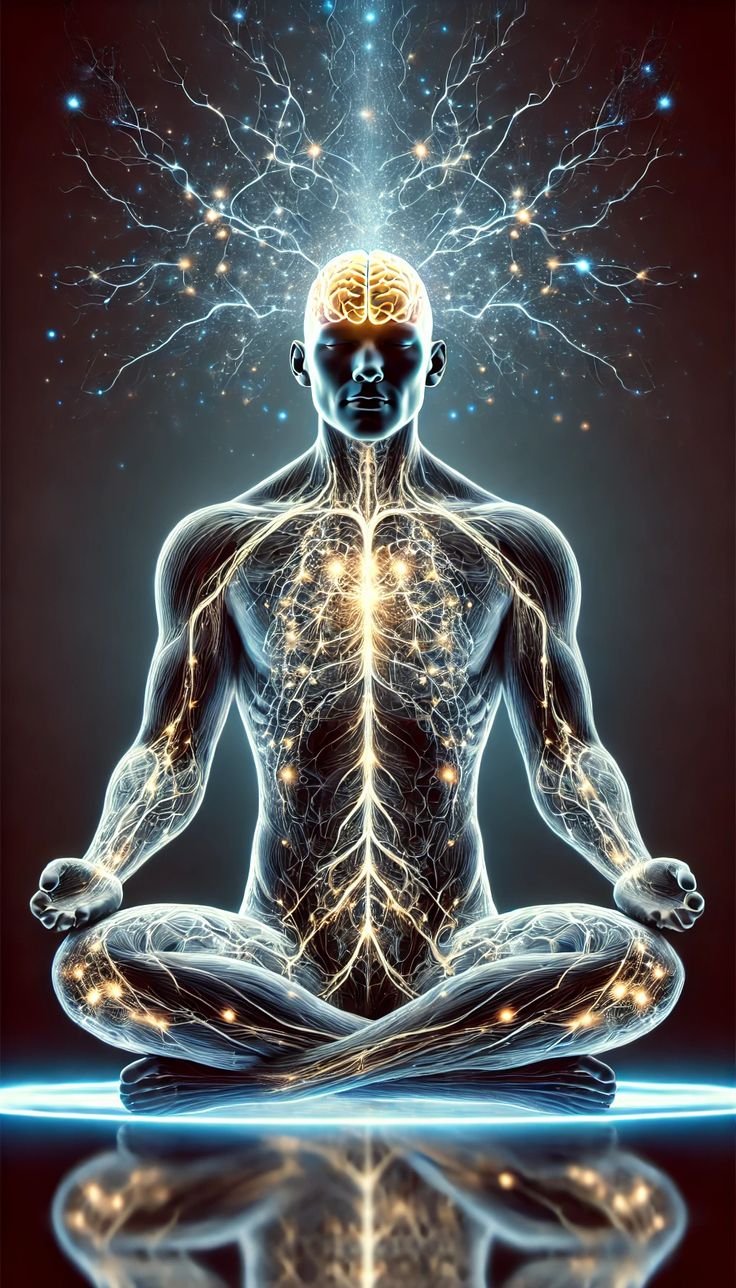 “Silhouetted human figure in meditation posture symbolizing spiritual healing, balance, and inner peace”